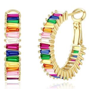 14K Yellow Gold with Multicolored Cubic Zirconia Drop Hoop Leverback Earrings
